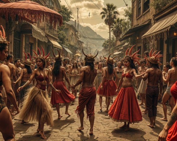 Vibrant Street Scene with Dancers in Elaborate Costumes