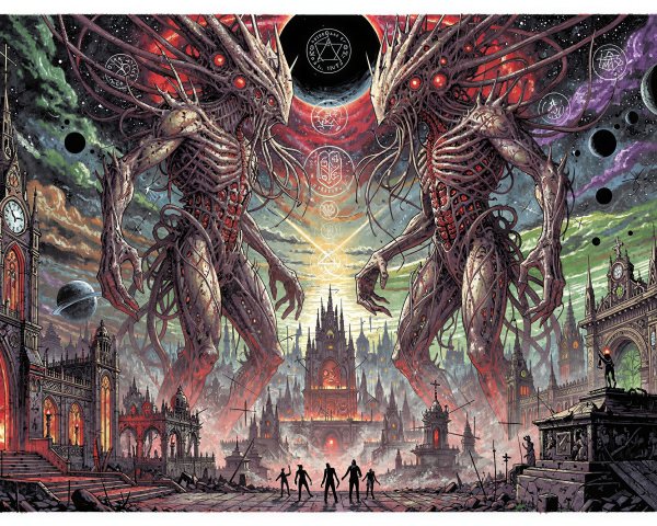 Giant skeletal figures in a gothic apocalyptic city