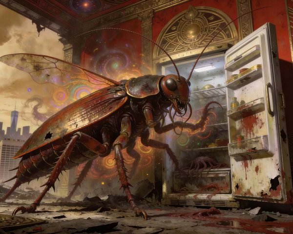 Giant Cockroach Hybrid in Ruined Art Deco Setting
