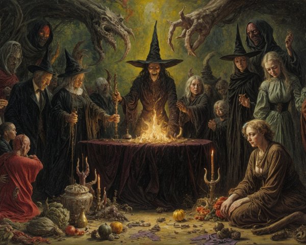 Gathering of Witches in Dim Light with Ritual Fire