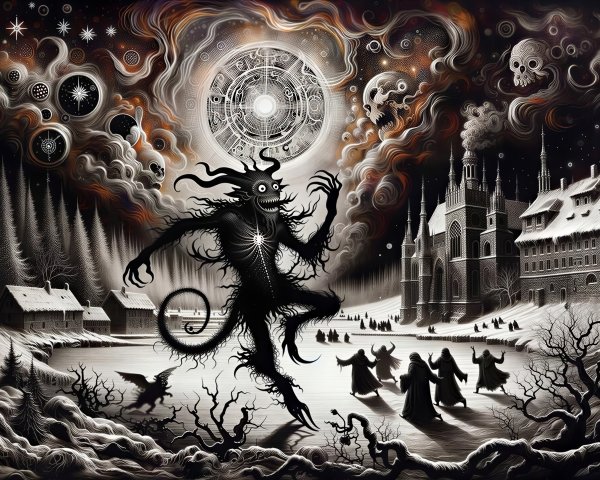 Gothic Charcoal Drawing of a Snowy Village at Night