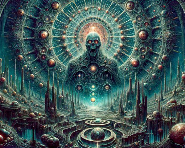 Surreal Cosmic Landscape with Skeletal Figure and Orbs
