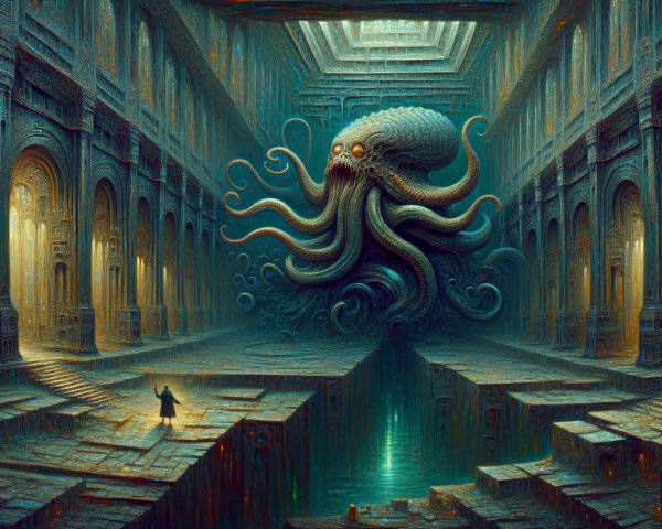 Ancient Chamber with Fantastical Octopus Creature