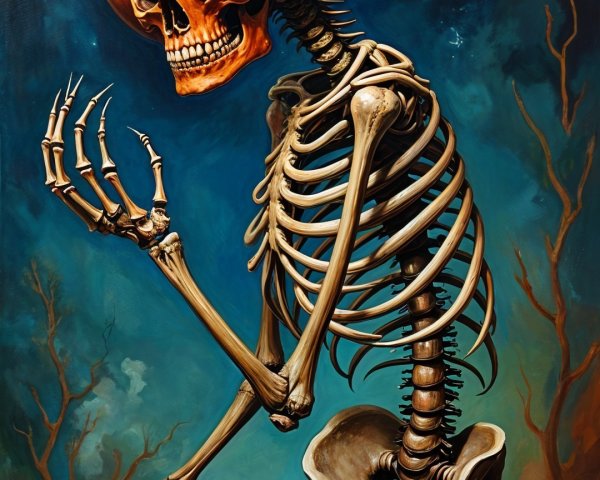 Whimsical Skeleton with Pumpkin Head in Eerie Landscape