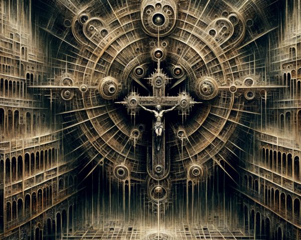 Surreal Scene with Mechanical Patterns and Structures