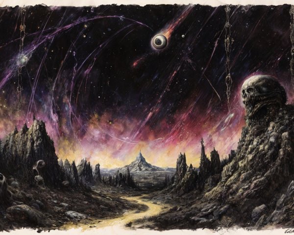 Desolate Landscape with Cosmic Sky and Ruins