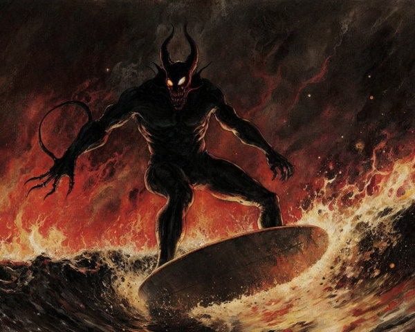 Menacing Figure Surfing on Fiery Waves of Chaos