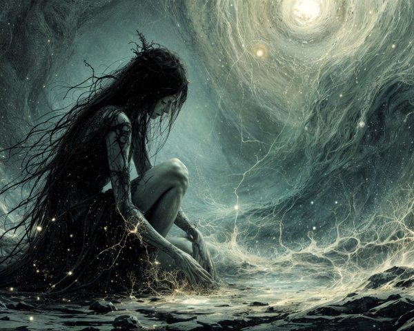 Solitary Figure in Cosmic Backdrop with Stars