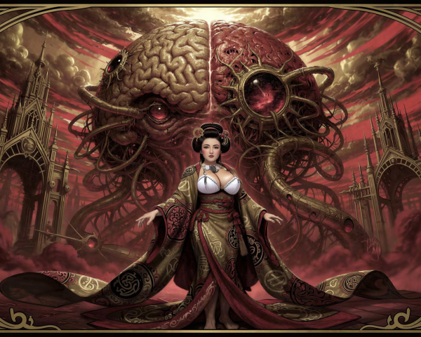 High-angle digital painting of geisha and gothic creature