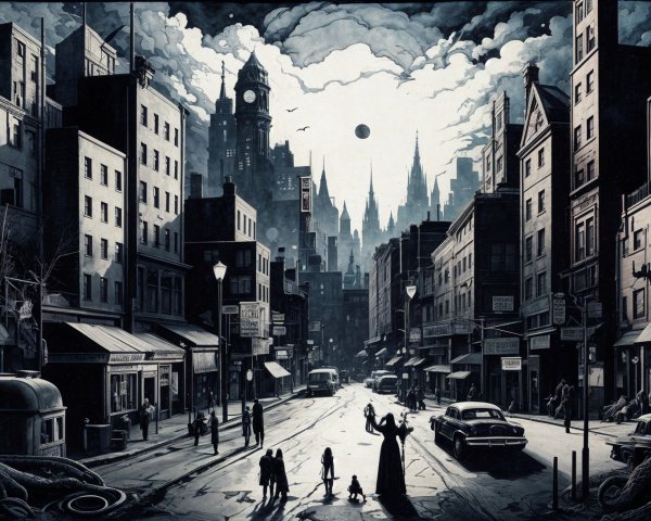 Dark Cityscape with Towering Buildings and Ominous Clouds