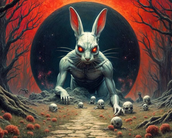 Surreal Landscape with Skeletal Rabbit and Blood Moon