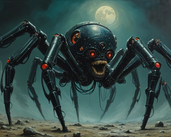 Futuristic Mechanical Spider in Eerie Landscape