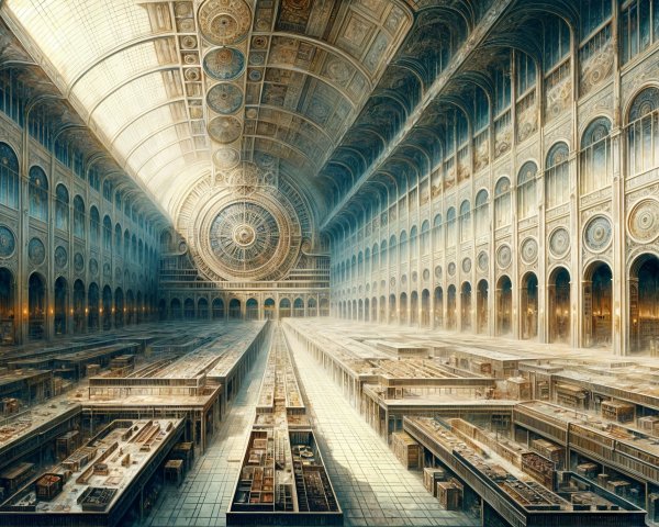 Grand Hall with Intricate Architecture and Soft Lighting