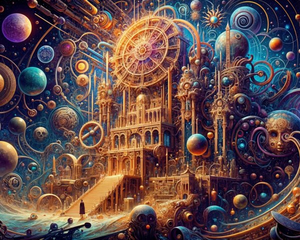 Cosmic Palace with Colorful Planets and Galaxies