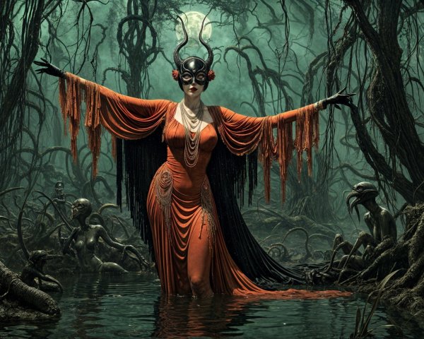 Enchanted forest figure in red gown and headdress