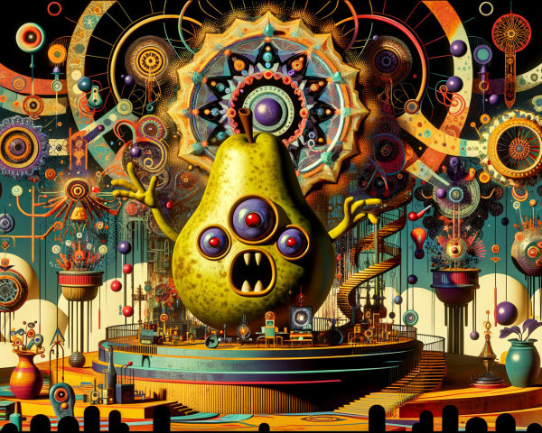 Surreal Scene with Pear-Shaped Creature and Mandalas