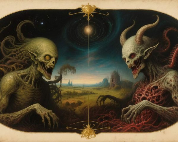 Diptych of Demonic Entities in Surreal Landscape