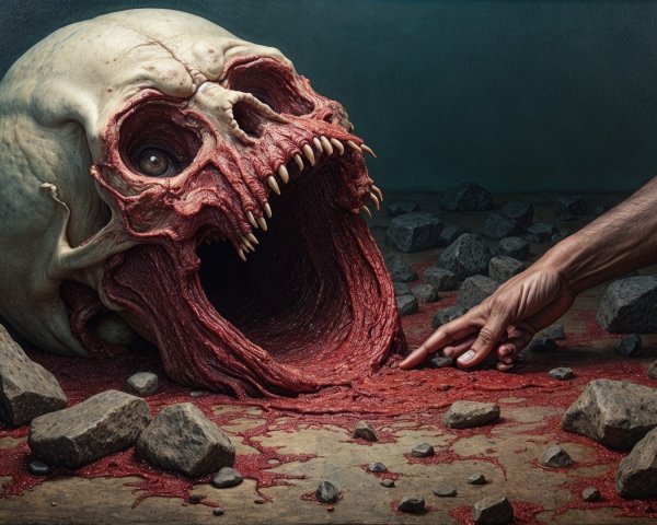 Oversized Skull with Gory Interior and Jagged Rocks