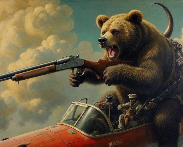 Bear with Rifle in Vintage Aircraft Above Clouds