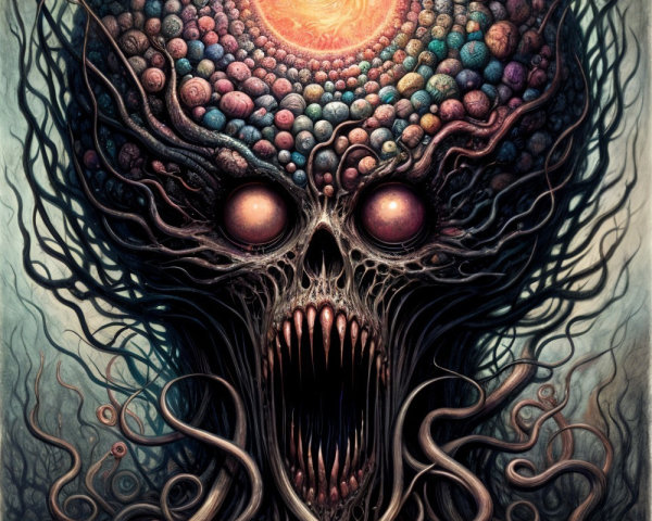 Surreal Figure with Skull and Glowing Eyes in Darkness