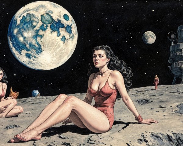 Surreal Lunar Landscape with Women and Spacecraft