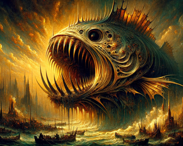 Colossal Bioluminescent Fish in Turbulent Waters