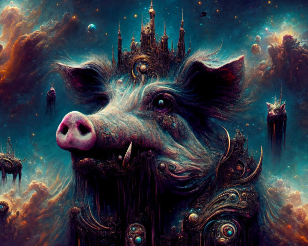 Surreal Cosmic Scene with Ornate Pig and Galaxy