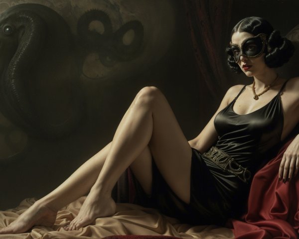 Elegant Woman in Black Dress with Mysterious Mask