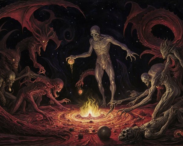 Eerie Landscape with Skeletal Figures and Grotesque Creatures