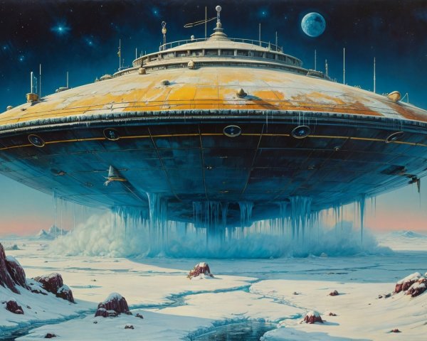 Futuristic spacecraft above snowy landscape at night