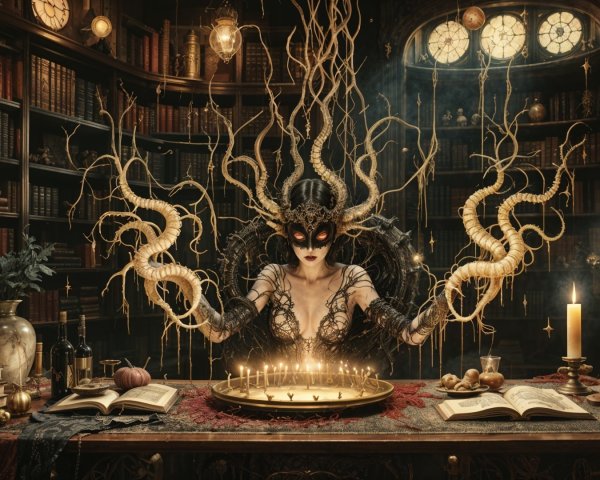 Mysterious Sorceress in Enigmatic Library Setting