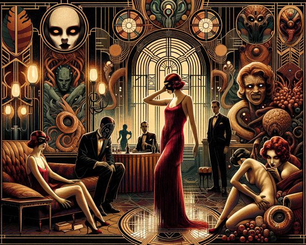 Dark Art Deco Illustration of a Horror-Themed Speakeasy