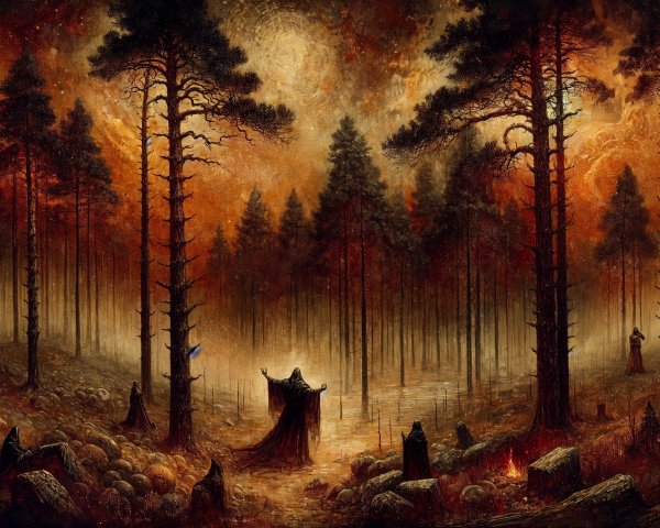 Ominous Figures in Cloaks Gather in Dark Forest