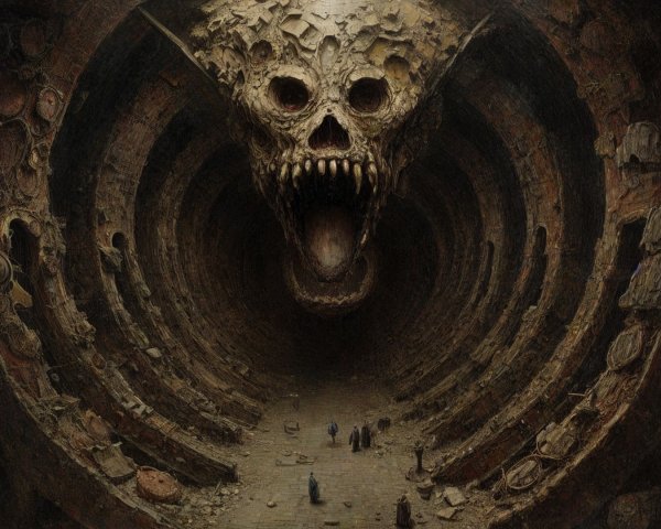 Giant Skull in Dark Cavern with Intricate Carvings