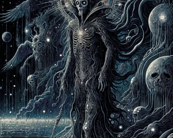 Ethereal Figure in Cosmic Landscape with Skulls