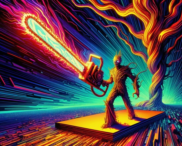 Vibrant Scene of Tree Figure with Futuristic Chainsaw