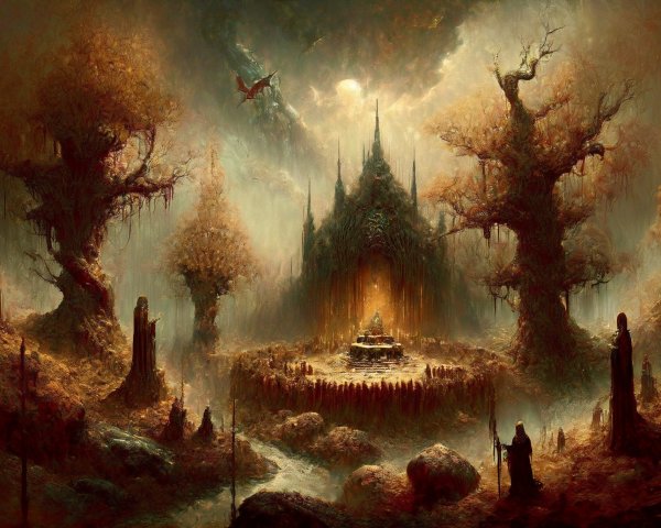 Mystical Landscape with Throne and Soaring Dragon