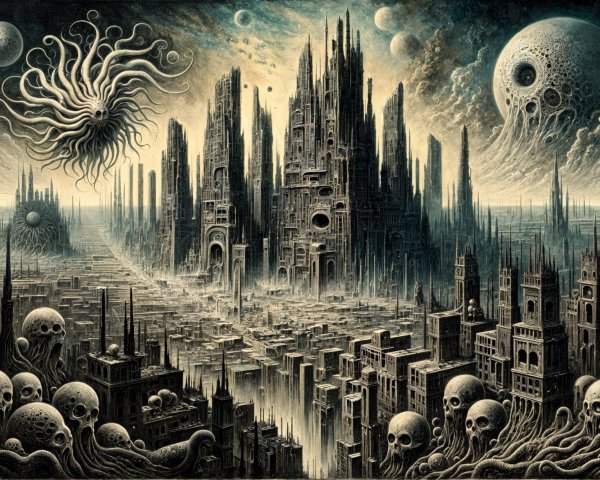 Surreal Dystopian Landscape with Decaying Skyscrapers