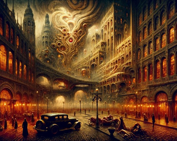 Surreal Dystopian Cityscape with Intricate Architecture