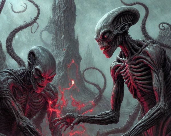 Grotesque Skeletal Figures in Dark Alien Landscape