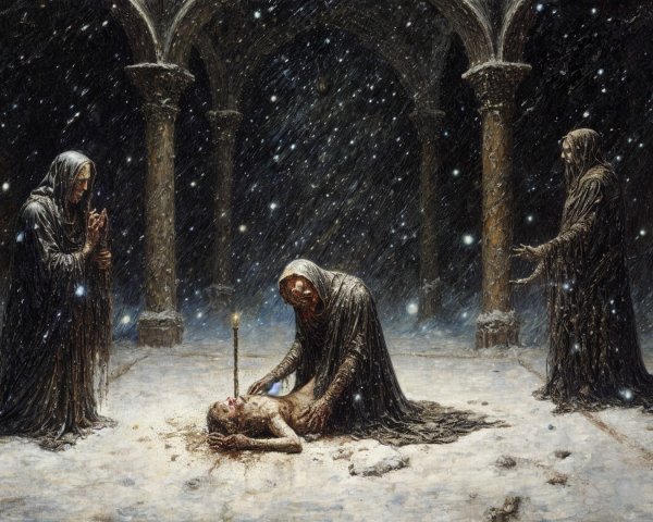 Hooded Figures in Snowy Ritual Scene with Sacrifice Themes