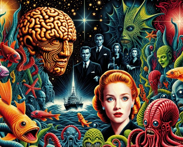 Surreal Scene of Horror and Science Fiction Elements