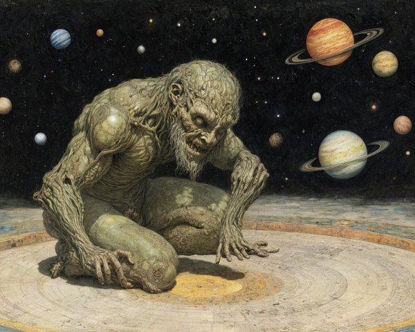 Humanoid Creature on Celestial Map with Planets