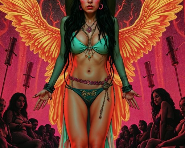 Woman with Green Skin and Wings in Mystical Scene