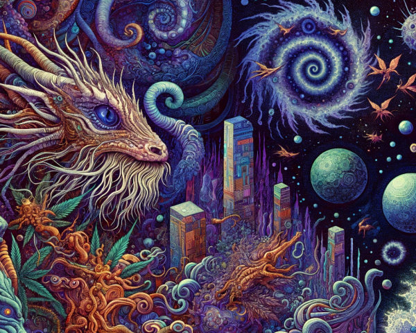 Vibrant Cosmic Scene with Dragons and Galaxies