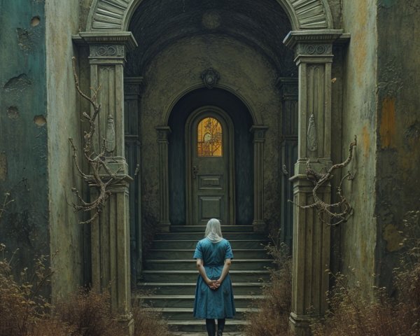 Eerie Corridor with Blue Dress and Ominous Skull