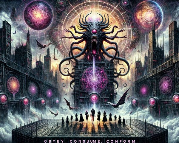 Surreal Cosmic Entity Over Dystopian Cityscape