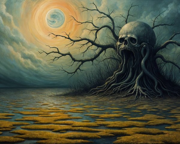 Haunting Landscape with Skull Tree and Ominous Sky
