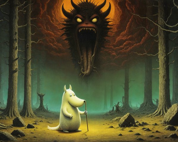 Whimsical Creature in Dark Forest with Ominous Sky