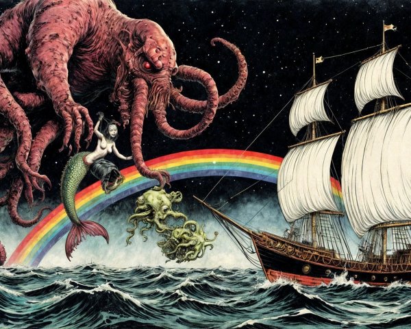 Majestic Ship and Tentacled Creature Under Stars